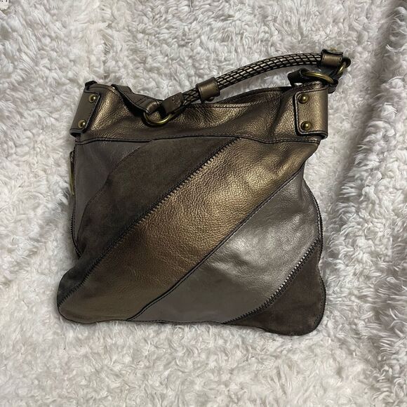 Fossil Patchwork Bronze ,Brown Suede Leather Medium Shoulder Handbag . - Picture 3 of 11